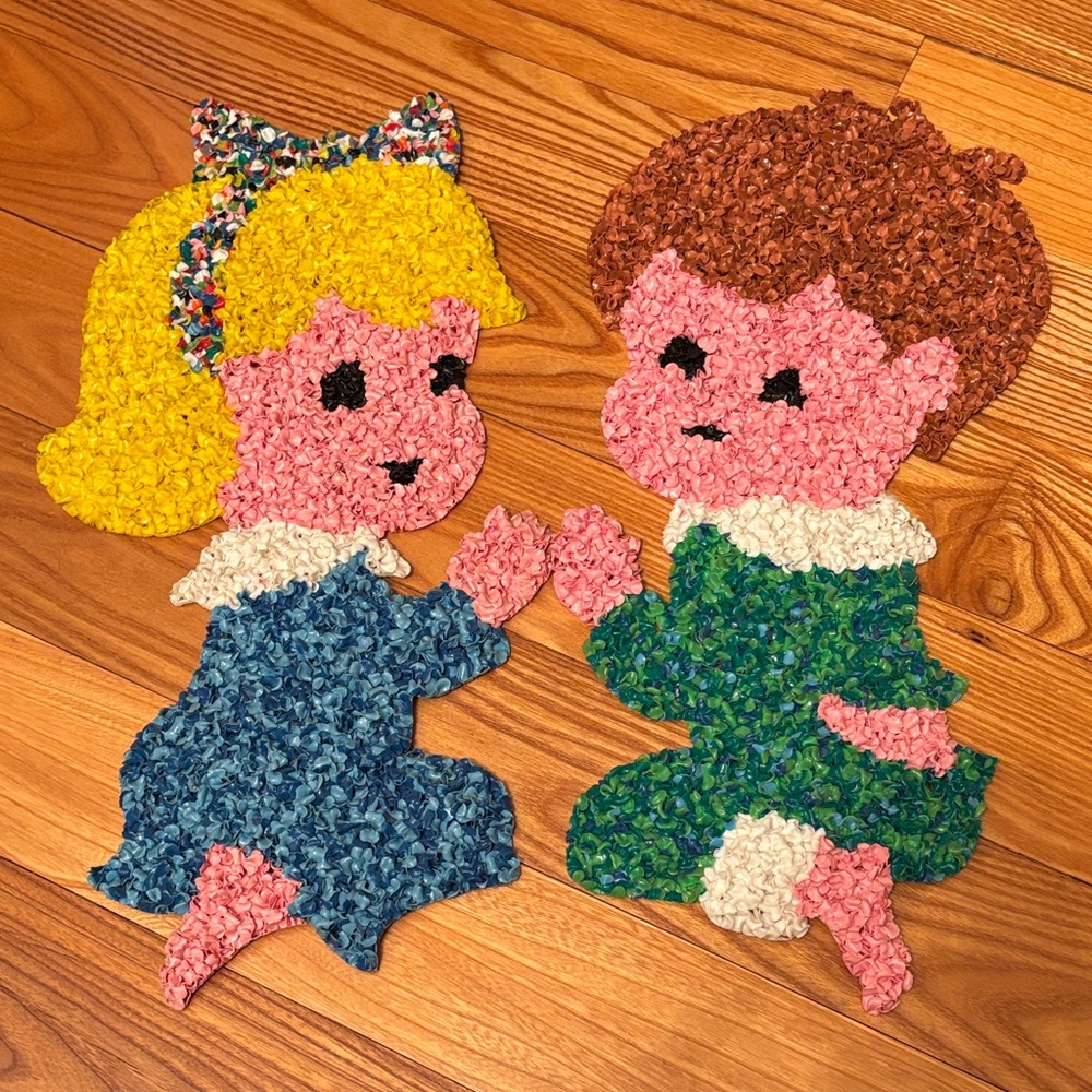 Vintage Melted Plastic Popcorn Praying Boy & Girl Wall Decor Set